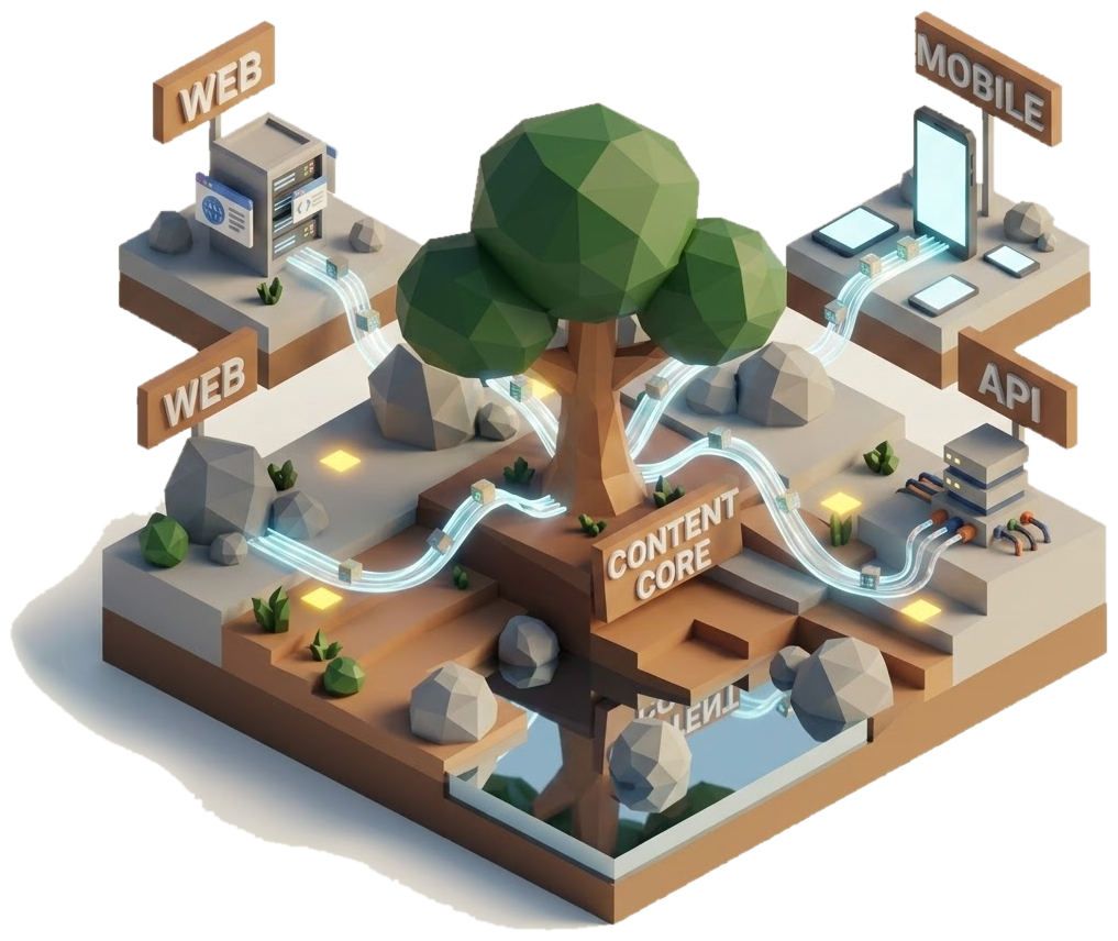 Headless CMS content core connecting to web, mobile, and API channels
